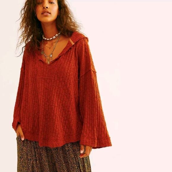 FREE PEOPLE Red Baja Babe Hacci Top Hoodie Womens Size Small Oversized Slouchy - Picture 1 of 10